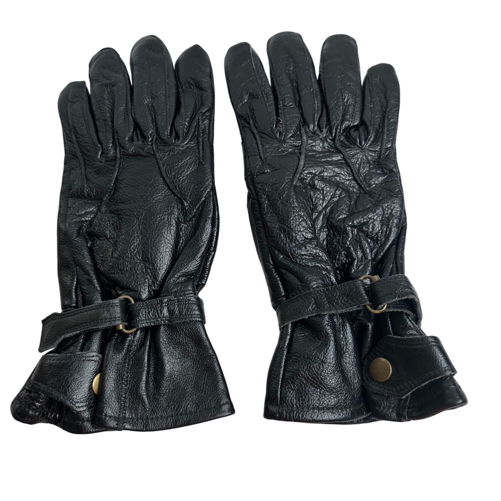 Men's Black Genuine Leather Gloves‎ Lined Size Large Adjustable Strap Bikercore
